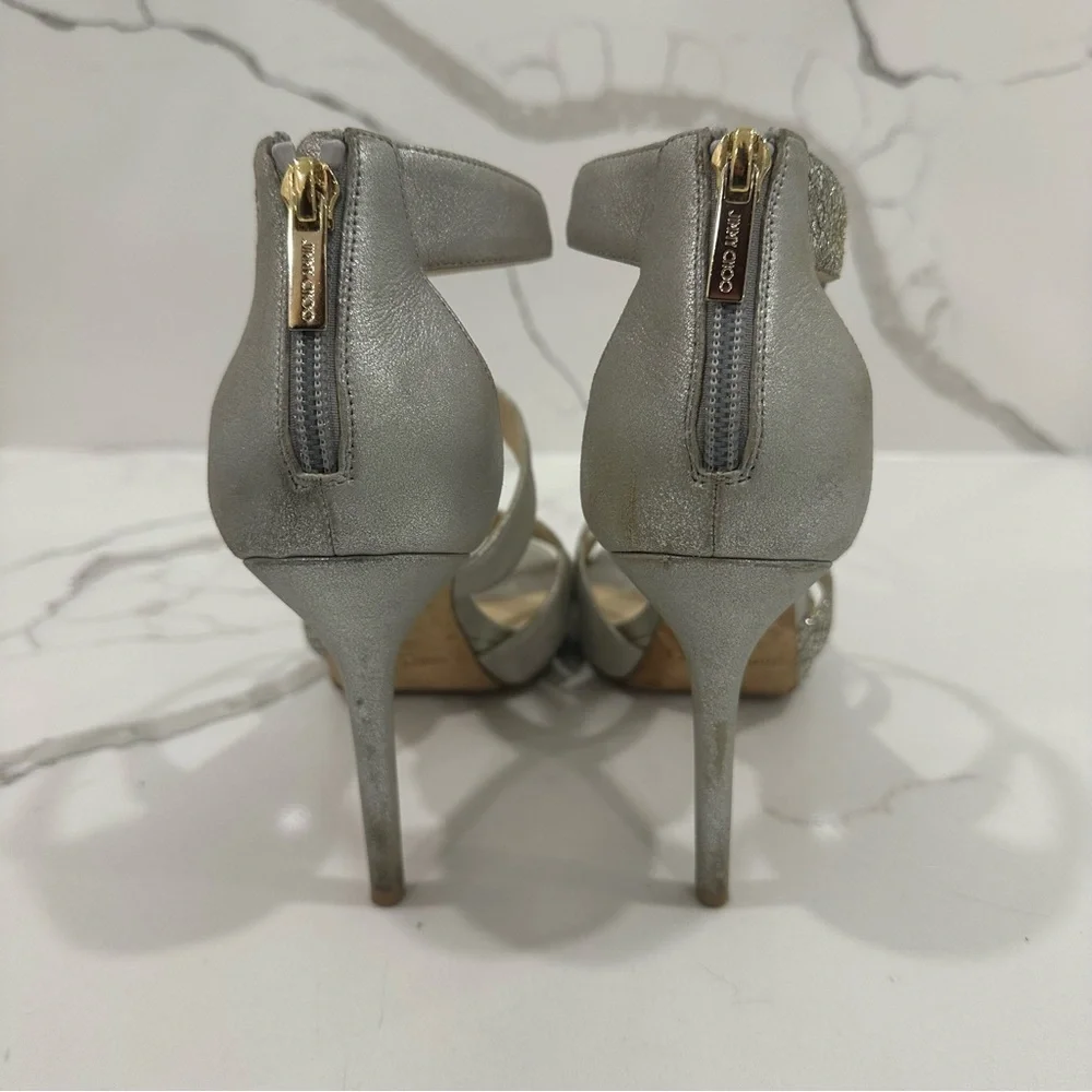 Jimmy Choo Authentic Designer Glittering Silver High Heels - Picture 9 of 16